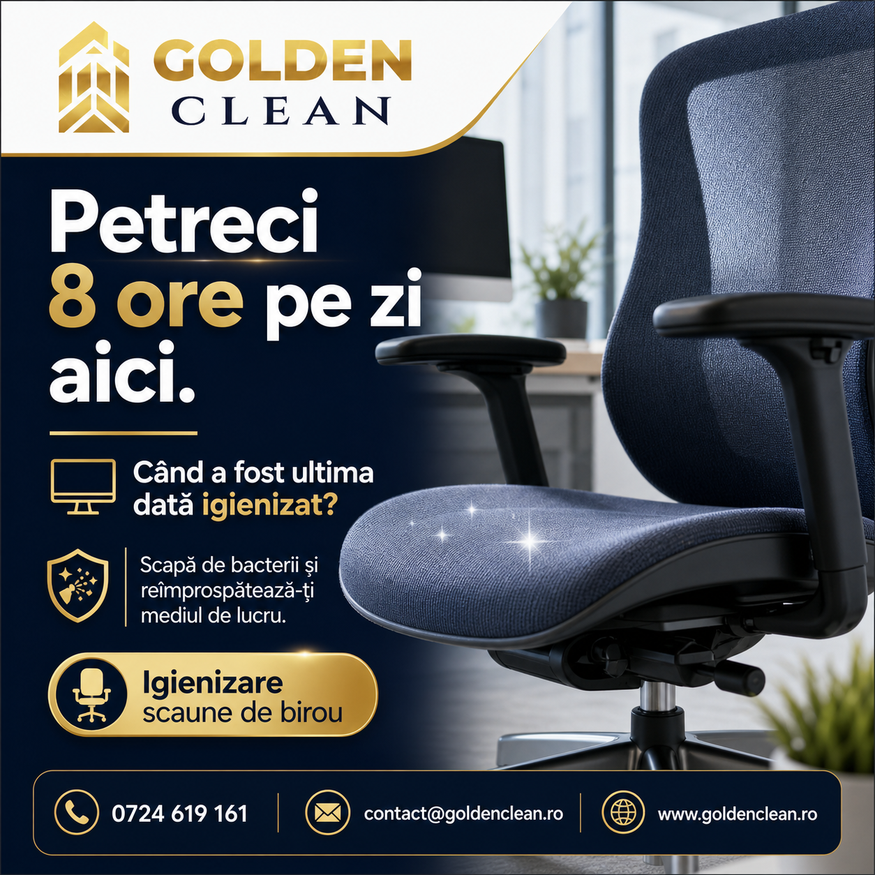Goldenclean.ro oferă servicii de igienizare și curățenie pentru birouri în București și Ilfov. Curățăm suprafețe, scaune, mochete și spații comune.