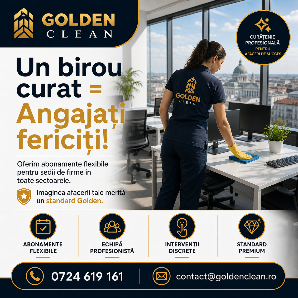 Oferim abonamente flexibile pentru sedii de firme în toate sectoarele. Imaginea afacerii tale merită un standard Golden.