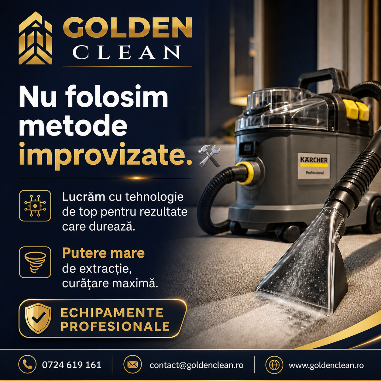 Nu folosim metode improvizate. 🛠️ Lucrăm cu tehnologie de top pentru rezultate care durează. Putere mare de extracție, curățare maximă.