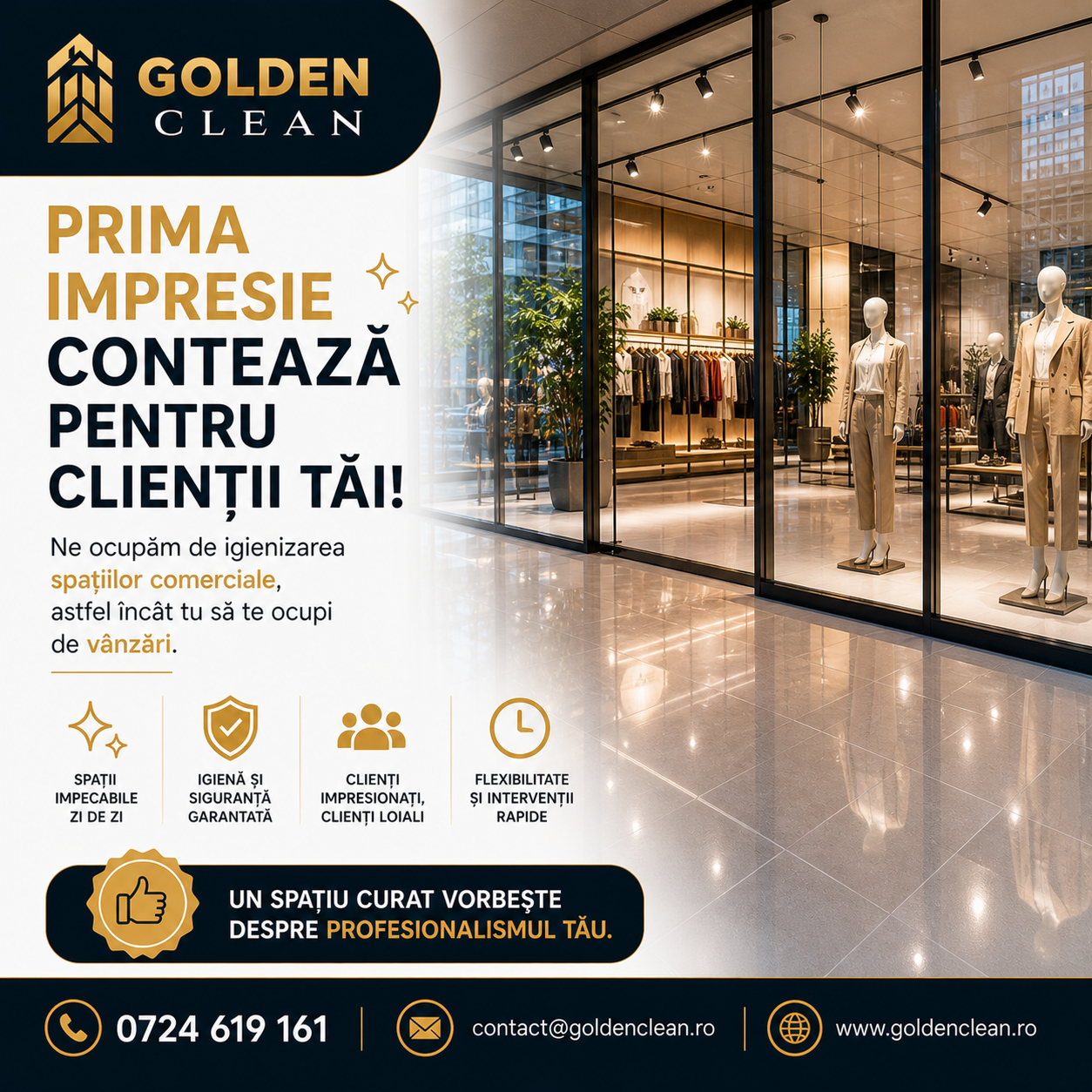 Prima impresie contează pentru clienții tăi! ✨ Ne ocupăm de igienizarea spațiilor comerciale, astfel încât tu să te ocupi de vânzări.