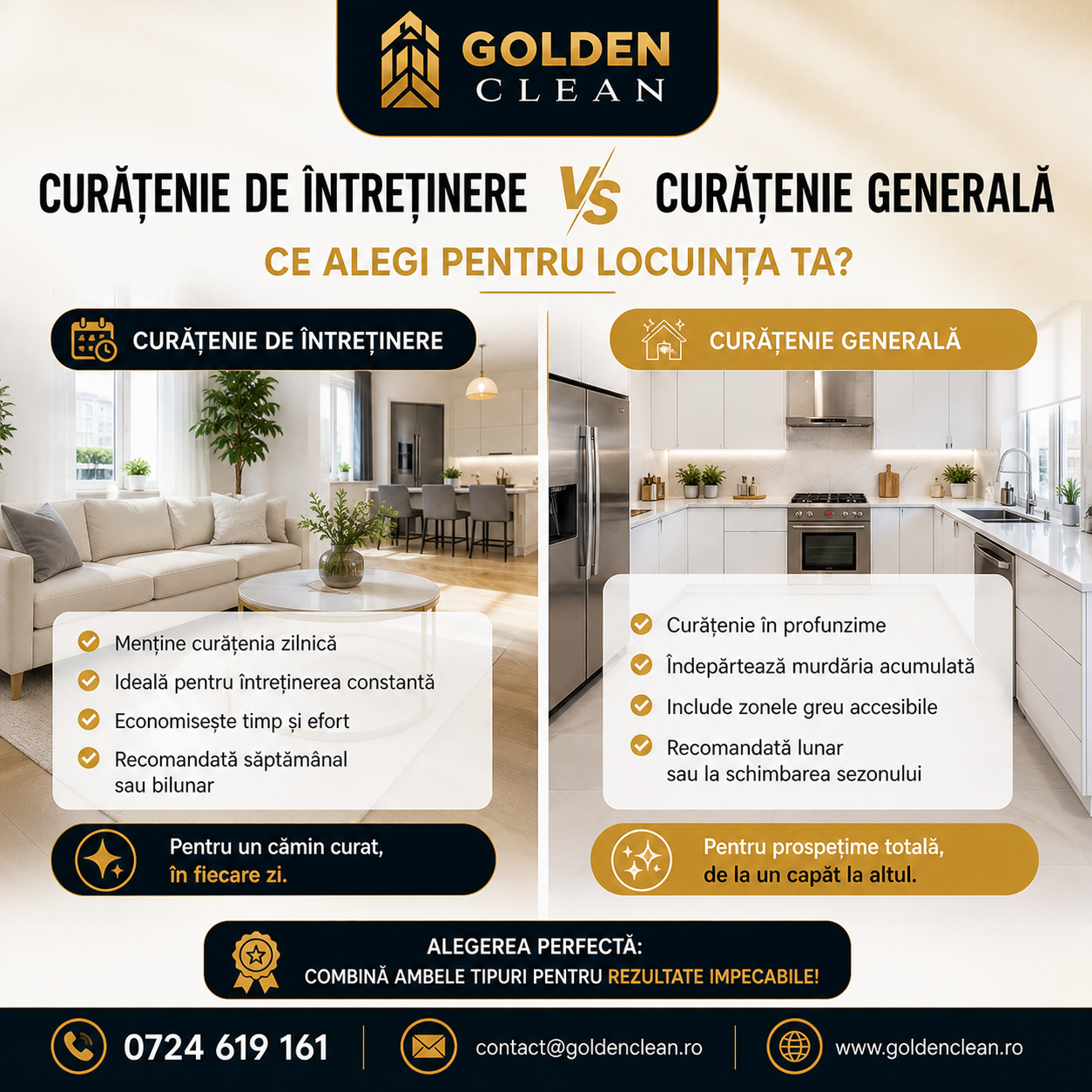 Află diferența dintre curățenia de întreținere și curățenia generală. Goldenclean.ro oferă servicii pentru apartamente și case în București și Ilfov.